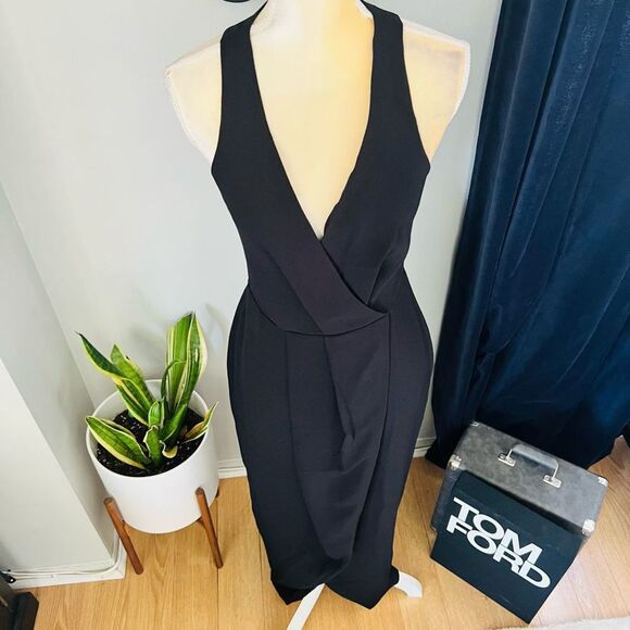 DRESS THE POPULATION Ariel Racerback Faux Wrap Crepe Dress Gown, Black Small NWT - Picture 15 of 16